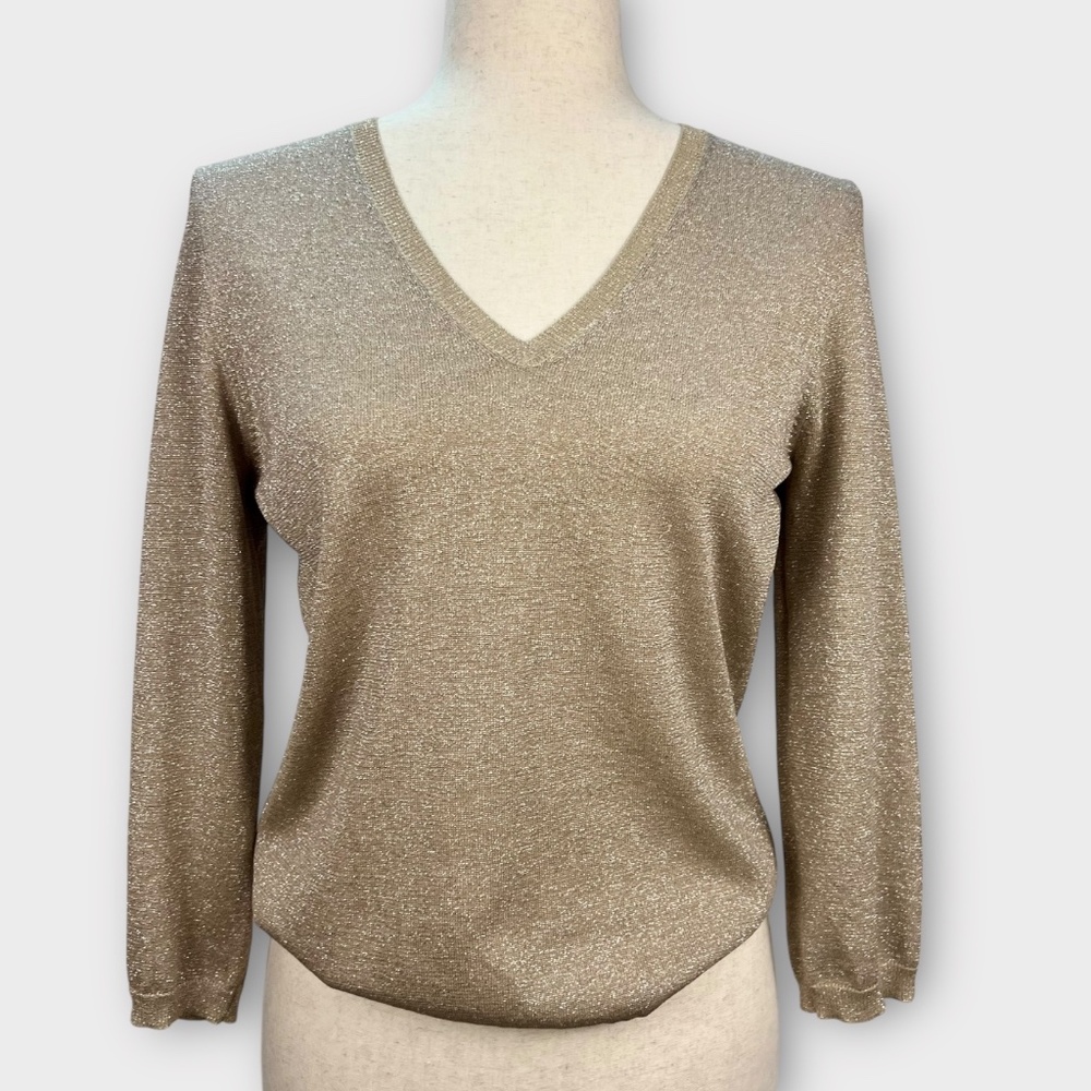 Vintage 80s Mainbocher Gold Metallic Silk Blend Sweater Shimmer Top Luxury M